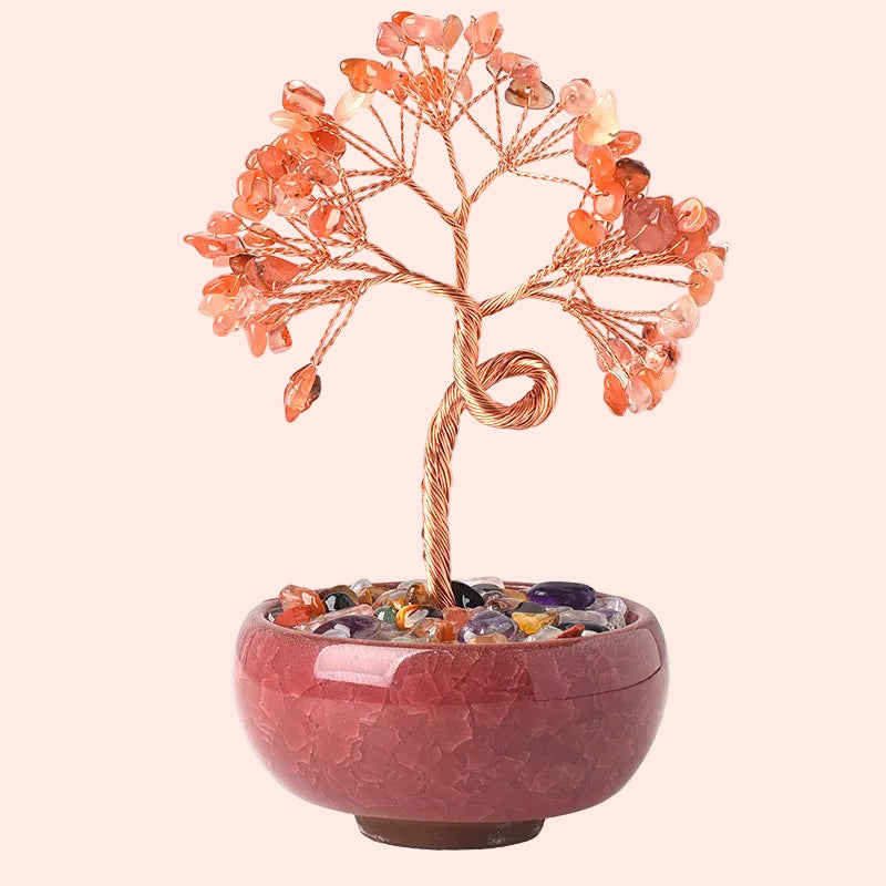 Arbre de Vie en agate rouge naturelle et fil de cuivre – pierre de vitalité et de stabilité – Aura Cristal