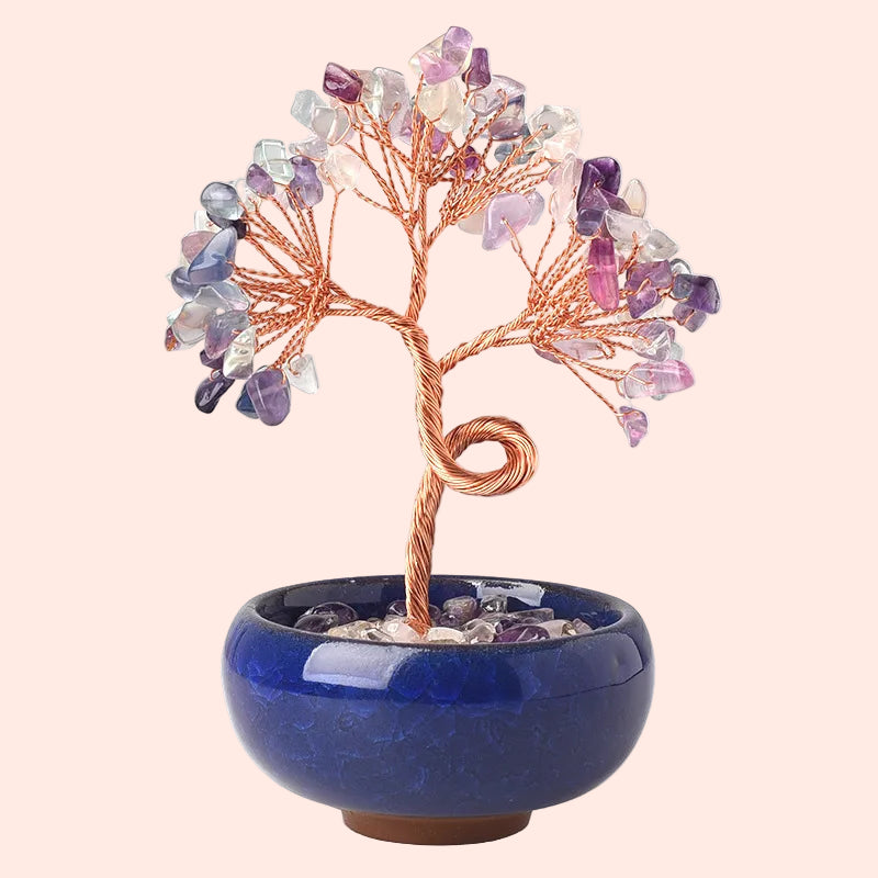 Arbre de Vie en fluorite naturelle et fil de cuivre – pierre de concentration et d’équilibre – Aura Cristal