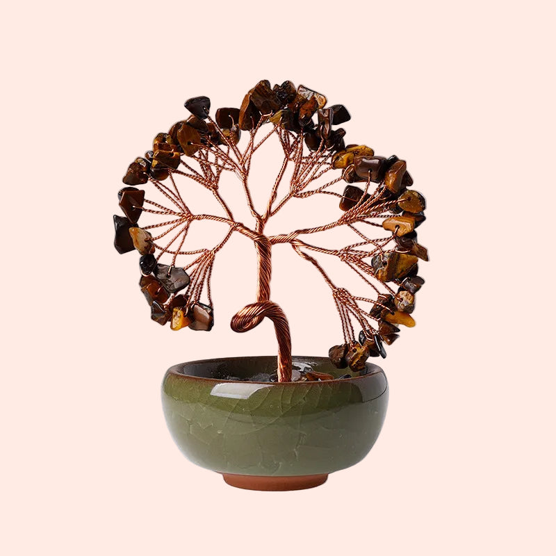Arbre de Vie en œil de tigre naturel et fil de cuivre – pierre de protection et de confiance – Aura Cristal