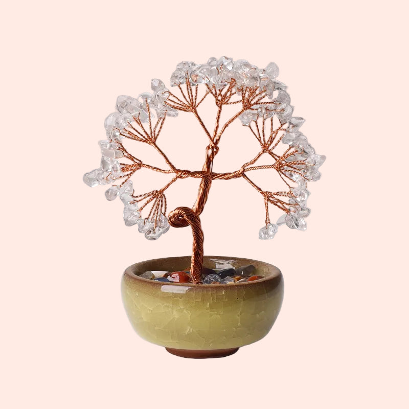 Arbre de Vie en cristal de roche naturelle et fil de cuivre – pierre de pureté et d’harmonie – Aura Cristal
