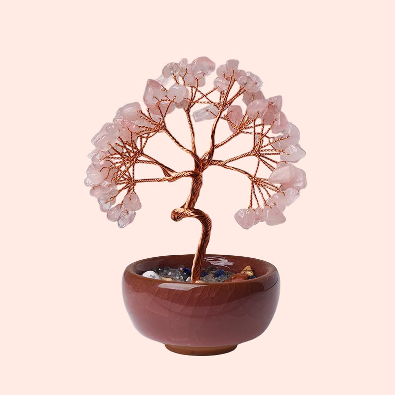 Arbre de Vie en quartz rose naturelle et fil de cuivre – pierre d’amour et de douceur – Aura Cristal