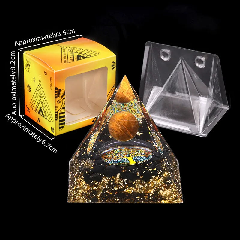 Coffret premium pour grande pyramide Éclats d’Obsidienne – sphère en pierre naturelle et éclats dorés – emballage cadeau spirituel – Aura Cristal