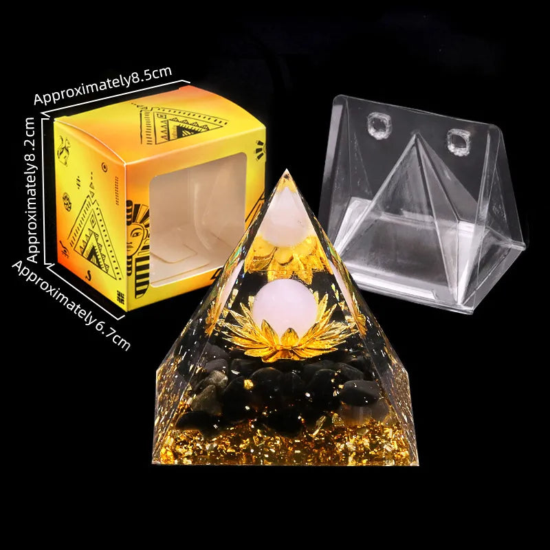 Boîte premium pour grande pyramide Lotus doré en pierre naturelle – sphère énergétique et base en obsidienne – coffret spirituel de luxe – Aura Cristal