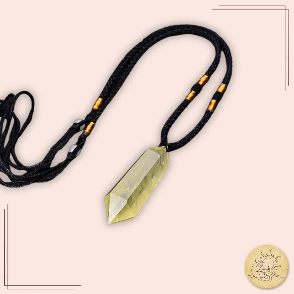 Collier en pierre naturelle de Citrine avec cordon noir et perles dorées, pendentif taillé et poli, bijou de confiance et d’abondance Aura Cristal.