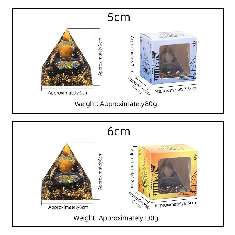 Comparaison visuelle des tailles des pyramides Éclats d’Obsidienne – modèles petite et grande avec sphère en pierre naturelle – Aura Cristal