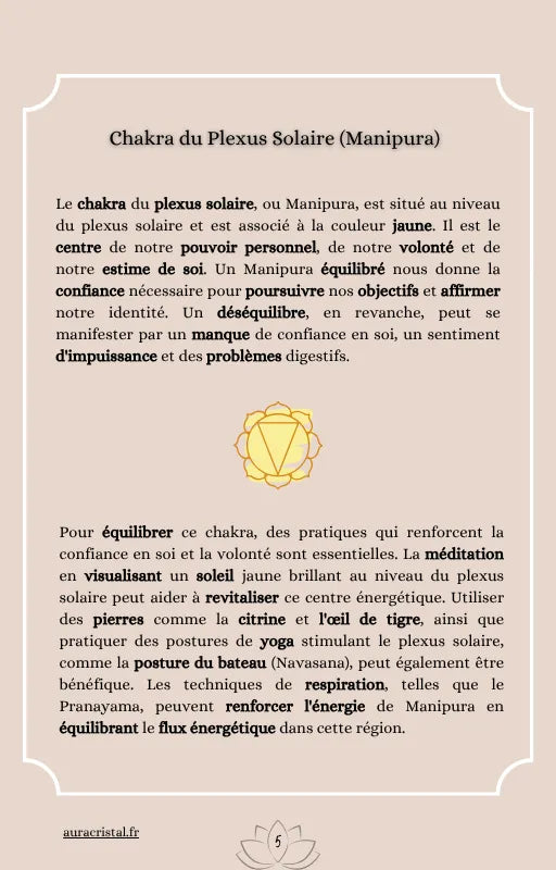 Page du Guide Illustré des Chakras consacrée au Chakra du Plexus Solaire (Manipura), symbole de confiance, volonté et puissance intérieure, e-book Aura Cristal.