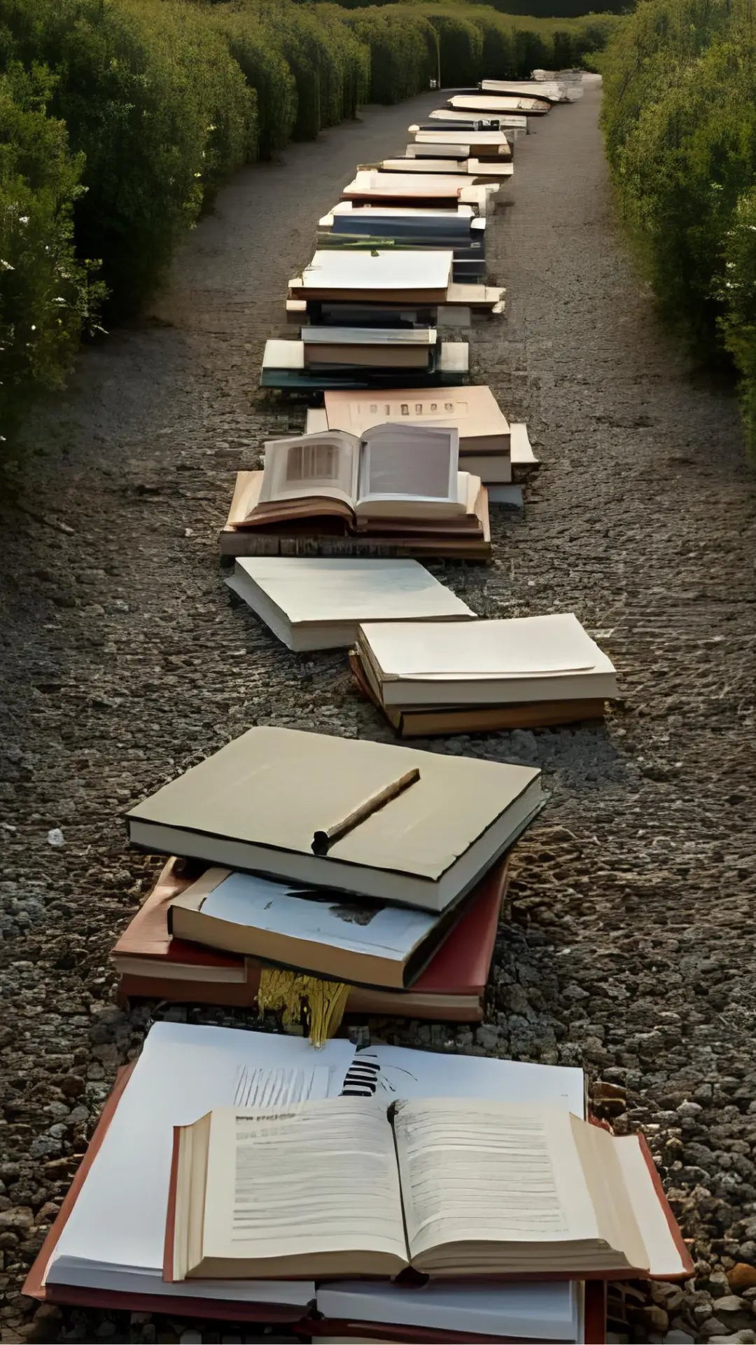 Livres spirituels disposés sur un chemin symbolique, invitant à la réflexion et à la croissance intérieure.