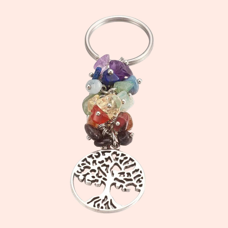 Porte-clés 7 Chakras avec pendentif Arbre de Vie – talisman énergétique en pierres naturelles pour l’ancrage et la vitalité – Aura Cristal