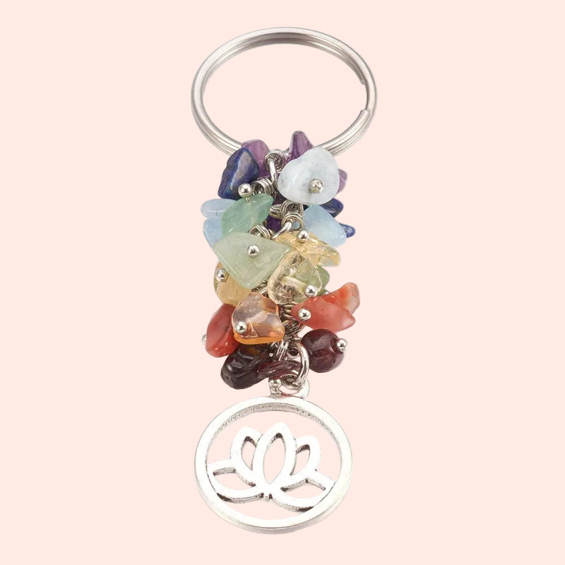 Porte-clés 7 Chakras avec pendentif Fleur de Lotus – bijou spirituel en pierres naturelles pour l’harmonie et la purification – Aura Cristal