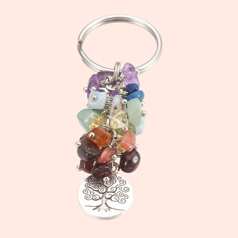 Porte-clés 7 Chakras avec pendentif Spirale de Vie – pierre naturelle multicolore symbole d’énergie vitale et d’équilibre intérieur – Aura Cristal