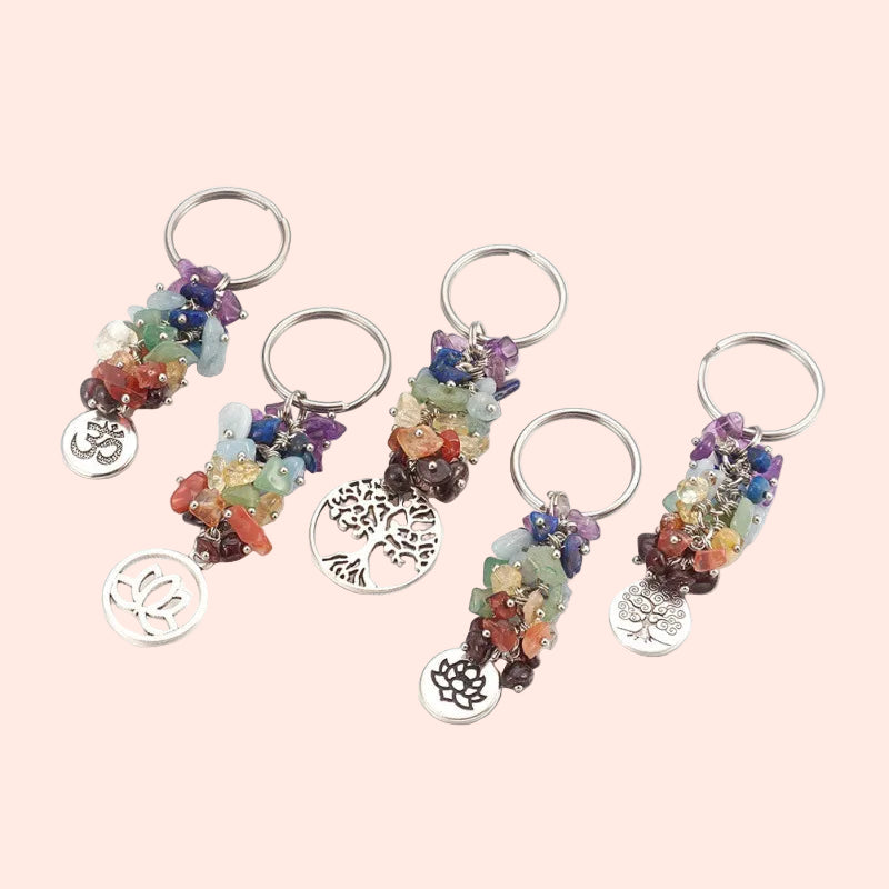 Ensemble de porte-clés 7 Chakras en pierres naturelles – symboles spirituels (Om, Lotus, Arbre de Vie, Fleur sacrée, Spirale) – accessoires énergétiques pour l’harmonie et l’équilibre des énergies – Aura Cristal