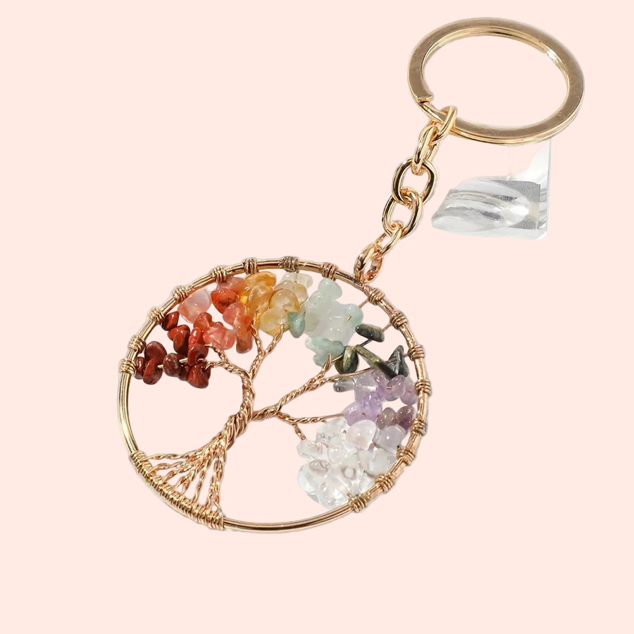 Porte-clés Arbre de Vie doré vu de face – bijou énergétique évoquant la force et la lumière intérieure – Aura Cristal