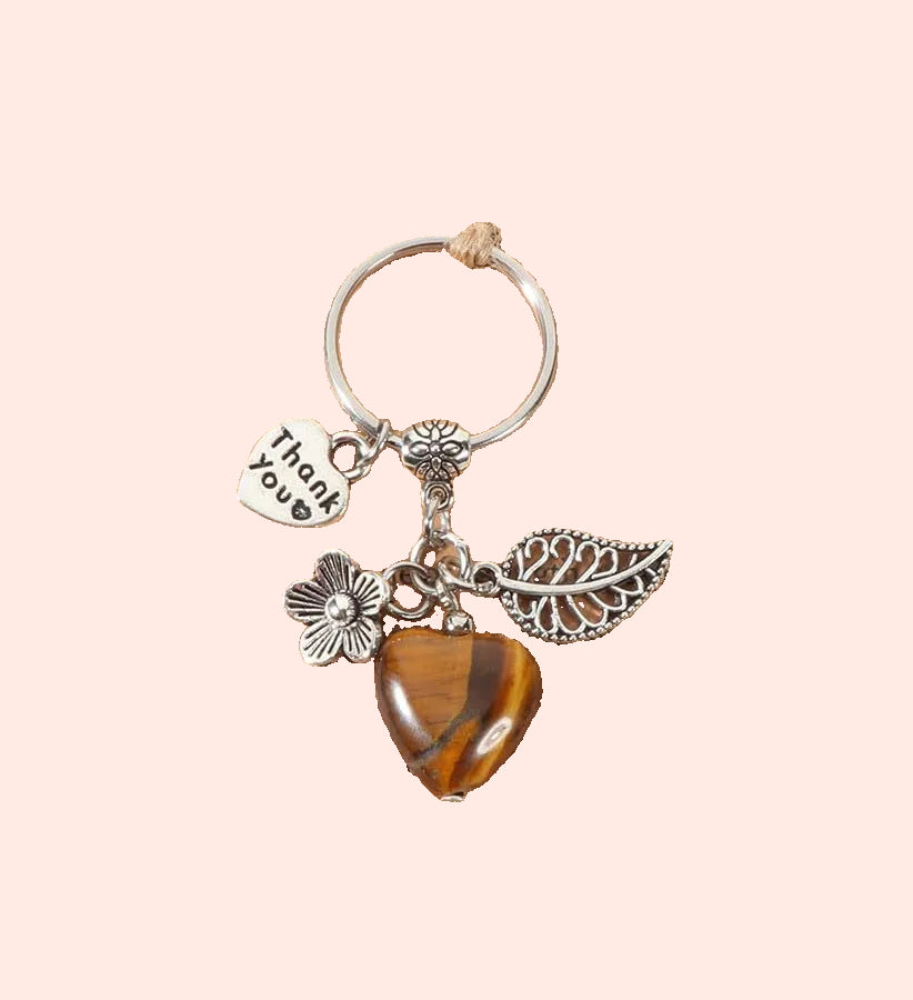 Porte-clés cœur en œil de tigre naturelle – pierre de protection, de courage et de confiance en soi – Aura Cristal