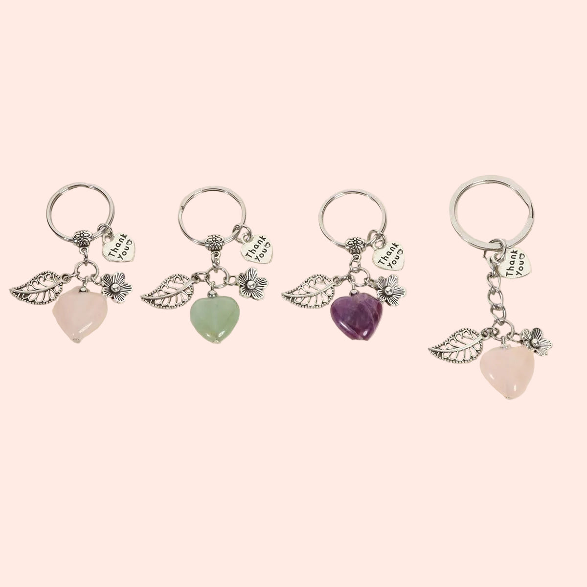 Ensemble de porte-clés cœur en pierres naturelles – quartz rose, améthyste, aventurine – symboles d’amour, de paix et d’harmonie – Aura Cristal