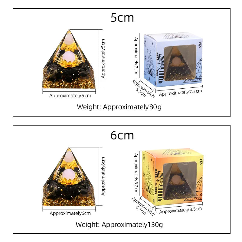 Comparatif des tailles des pyramides Lotus doré en pierres naturelles – obsidienne, quartz rose, améthyste, lapis lazuli et œil de tigre – base en obsidienne noire et éclats dorés – Aura Cristal