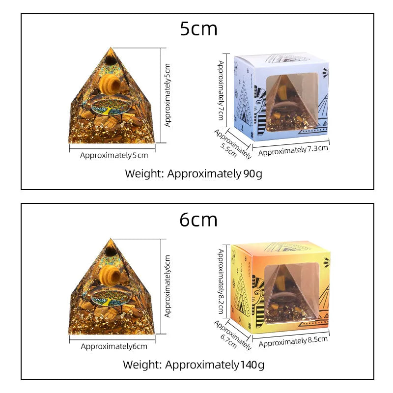 Pyramides orgonites de différentes tailles avec boule en pierre naturelle et éclats dorés – décoration énergétique pour méditation et ancrage – Aura Cristal