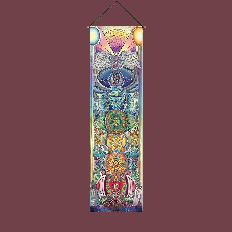 Tapisserie murale Éveil des Sept Sceaux – représentation des sept chakras et de l’élévation spirituelle – Aura Cristal