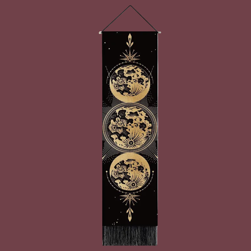 Tapisserie murale Lune Infinie – œuvre cosmique reliant intuition, cycles lunaires et sérénité – Aura Cristal