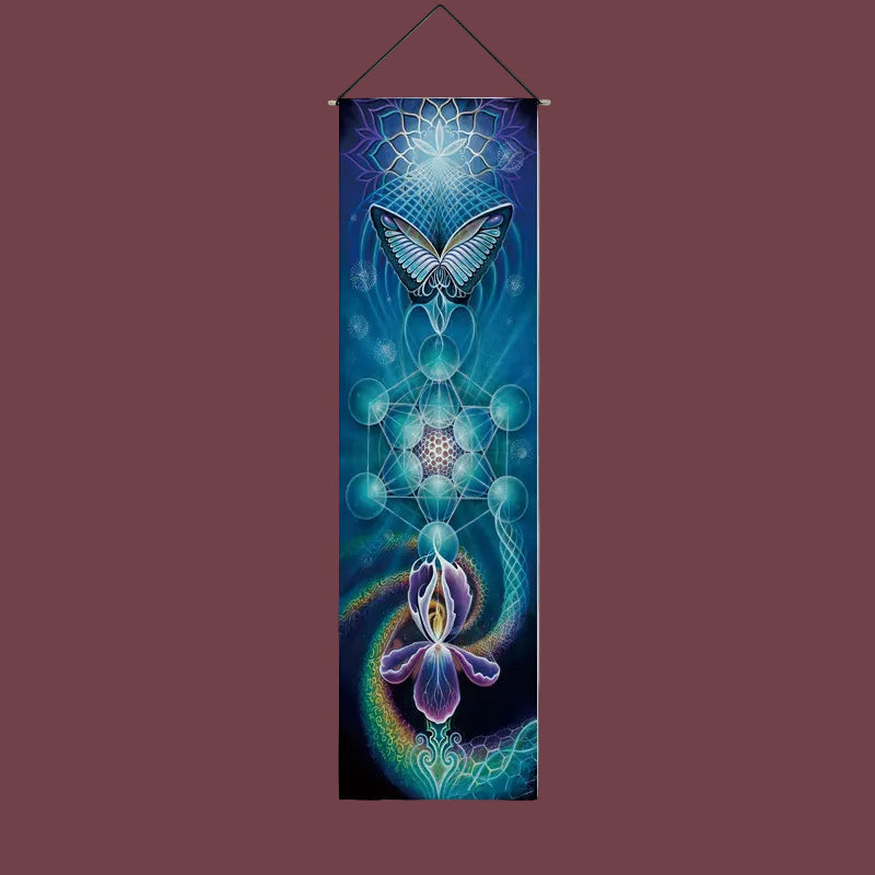 Tapisserie murale Métamorphose Sacrée – illustration spirituelle symbolisant la transformation et l’éveil – Aura Cristal