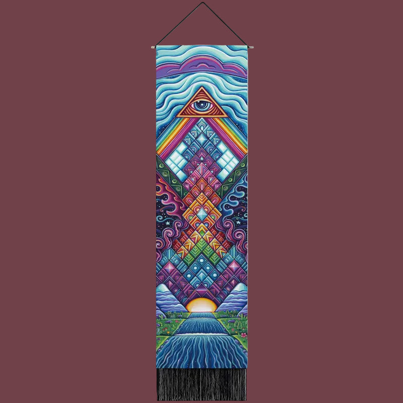 Tapisserie murale Vision Éternelle – œuvre spirituelle vibrante évoquant la clarté et la conscience supérieure – Aura Cristal