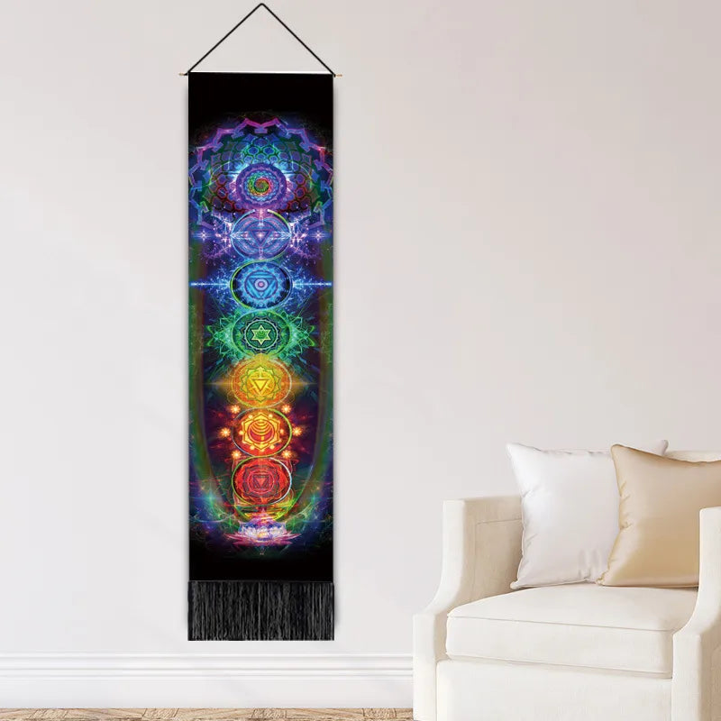 Ensemble de tapisseries murales sur les chakras, la lune et les étoiles – art spirituel pour méditation et harmonie – Aura Cristal