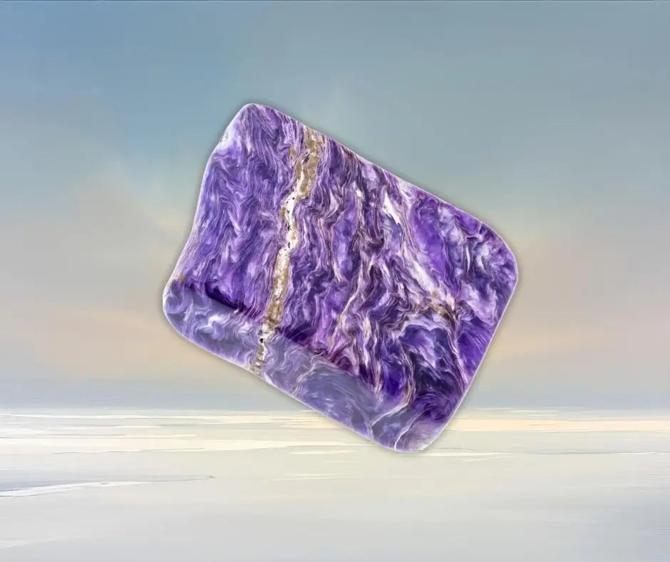 Pierre polie de charoïte violette aux reflets nacrés sur fond de ciel doux, symbole de transformation intérieure, d’intuition et de sérénité spirituelle – Aura Cristal