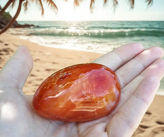 Pierre polie de cornaline orange tenue dans la main sur une plage ensoleillée, symbole de vitalité, de créativité et de confiance en soi – Aura Cristal