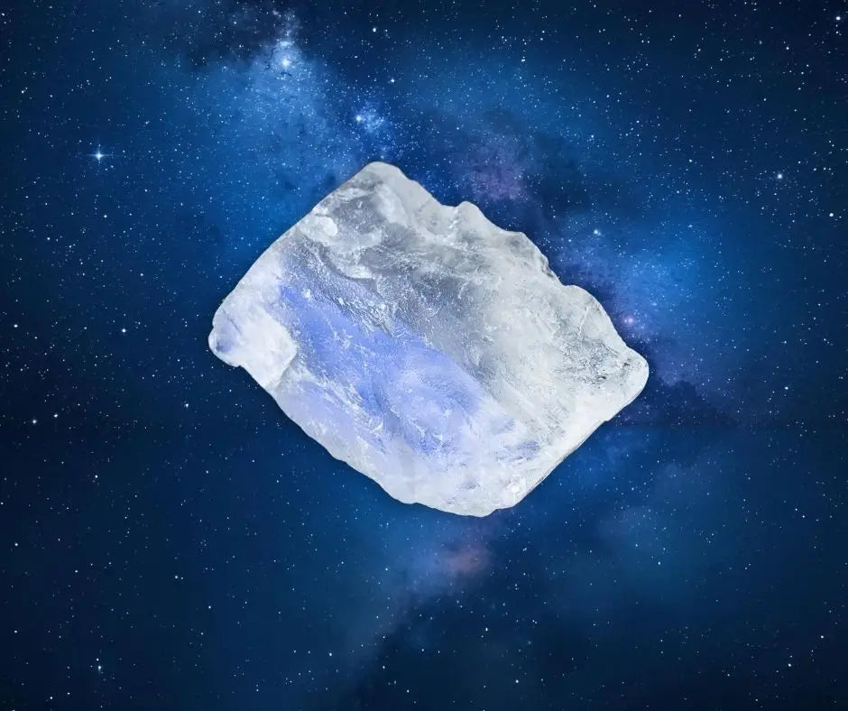 Pierre brute de pierre de lune blanche aux reflets bleutés sur fond étoilé, symbole de féminité, d’intuition et d’équilibre émotionnel – Aura Cristal