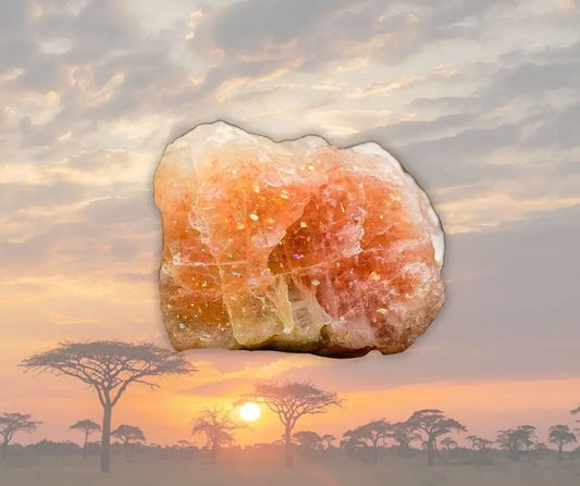 Pierre brute de pierre de soleil orangée sur fond de coucher de soleil, symbole de vitalité, de confiance en soi et d’énergie rayonnante – Aura Cristal