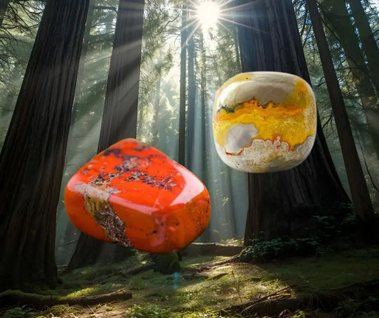 Pierres roulées de jaspe rouge et jaune dans une forêt baignée de lumière, symbole d’ancrage, de vitalité et de stabilité émotionnelle – Aura Cristal
