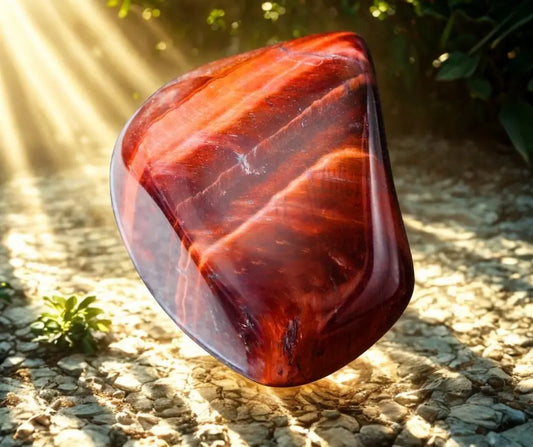 Pierre roulée d’œil de taureau aux reflets rouges et bruns sous la lumière du soleil, symbole de protection, de force intérieure et de vitalité – Aura Cristal