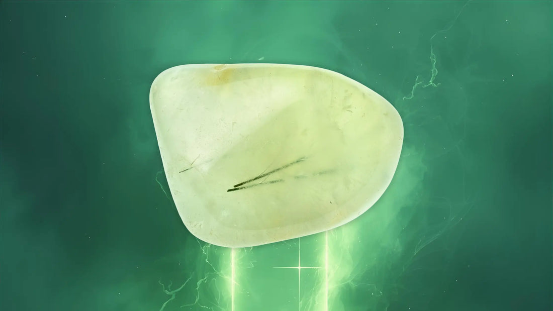 Pierre de préhnite verte polie sur fond lumineux émeraude, symbole de sérénité, d’intuition et de reconnexion au cœur – Aura Cristal