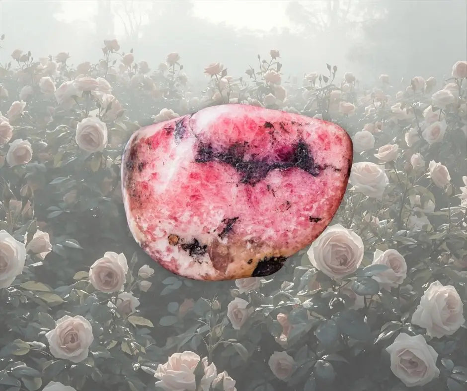 Pierre polie de rhodonite rose et noire posée sur un fond fleuri, symbole d’amour bienveillant, de pardon et d’équilibre émotionnel – Aura Cristal