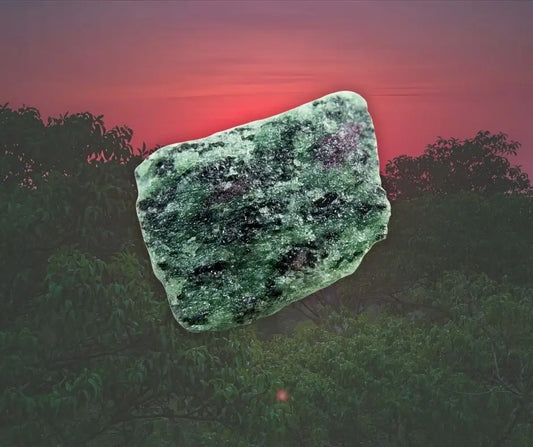 Pierre brute de rubis zoïsite posée sur un fond de coucher de soleil, symbole de vitalité, de transformation et d’énergie positive – Aura Cristal