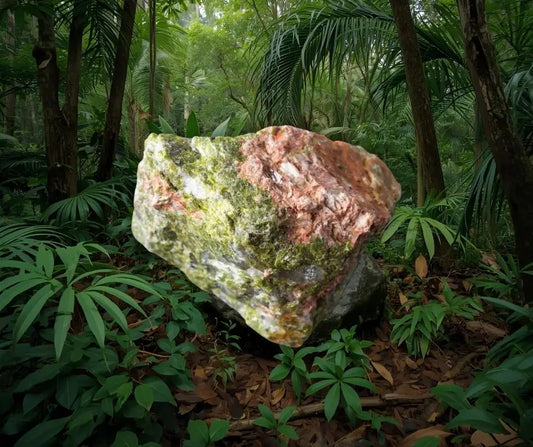 Pierre brute d’unakite aux teintes vertes et rosées posée dans une forêt tropicale, symbole d’ancrage, de guérison émotionnelle et d’équilibre intérieur – Aura Cristal
