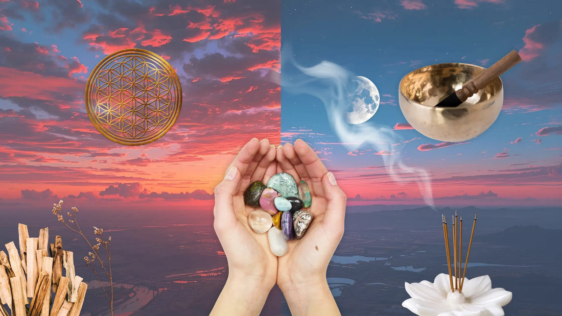 Mains tenant des pierres naturelles entourées d’encens, de bol tibétain et de lumière spirituelle au coucher du soleil, symbolisant le rituel de purification et de rechargement énergétique – Aura Cristal