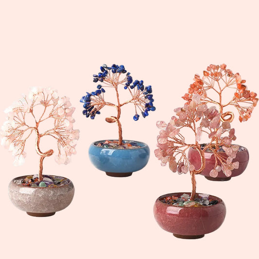 Collection d’arbres de vie décoratifs en pierres naturelles et fil de cuivre – artisanat spirituel Aura Cristal