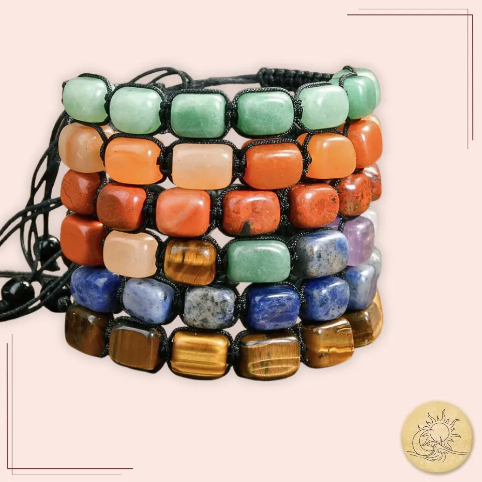Bracelets 7 chakras en pierres naturelles, perles rectangulaires multicolores symbolisant l’équilibre énergétique, la vitalité et l’harmonie intérieure Aura Cristal.