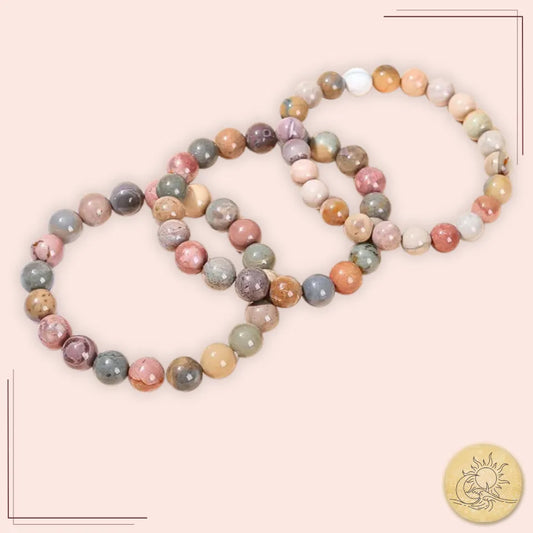 Bracelets en Agate Paysage naturelle Aura Cristal – perles polies aux teintes terre et beige, symbole d’ancrage et de sérénité.