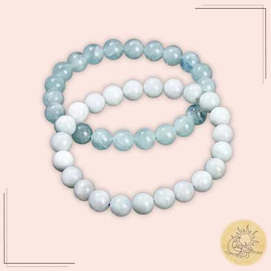 Ensemble de bracelets en aigue-marine naturelle – bijoux énergétiques en pierres fines symbolisant la paix intérieure, la sérénité et la communication apaisée – création spirituelle Aura Cristal