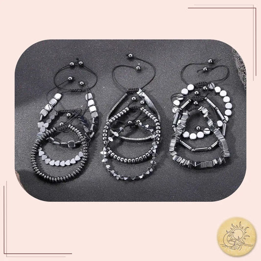 Ensemble de bracelets en Hématite naturelle – perles géométriques variées – bijou énergétique unisexe et élégant – Aura Cristal