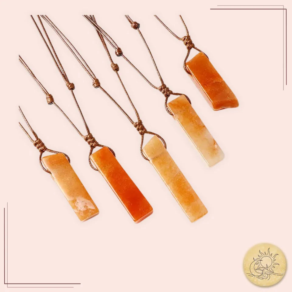 Collier cordon en pierre naturelle de Calcite Orange, pendentif rectangulaire poli orangé, bijou d’énergie et de vitalité Aura Cristal.