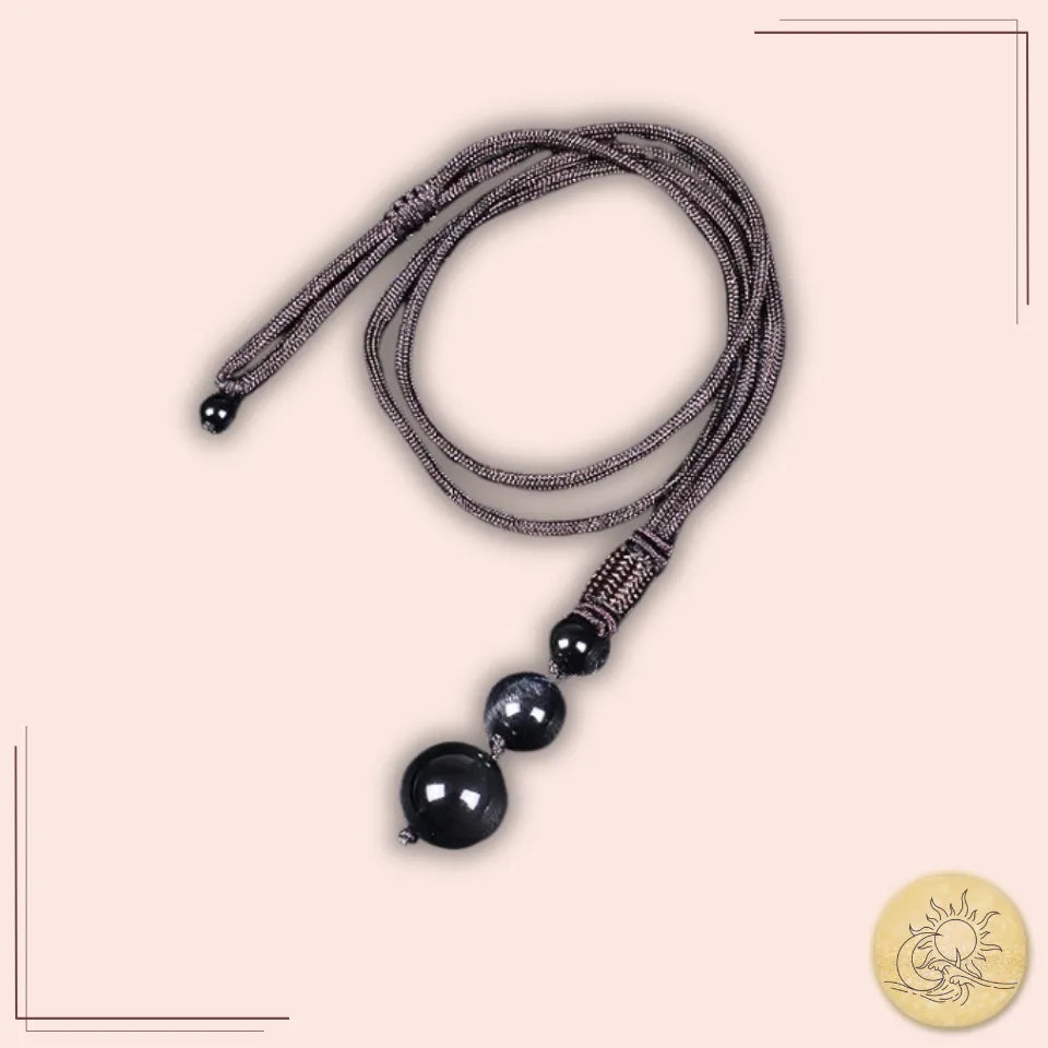 Collier pendentif 3 perles en Obsidienne noire, pierre naturelle taillée et polie, monté sur cordon noir tressé, bijou protecteur contre les énergies négatives Aura Cristal.