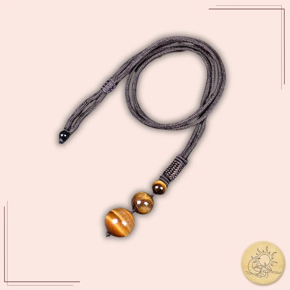 Collier pendentif 3 perles en Œil de Tigre, pierre naturelle dorée et chatoyante, monté sur cordon noir tressé, bijou de confiance, courage et protection énergétique Aura Cristal.