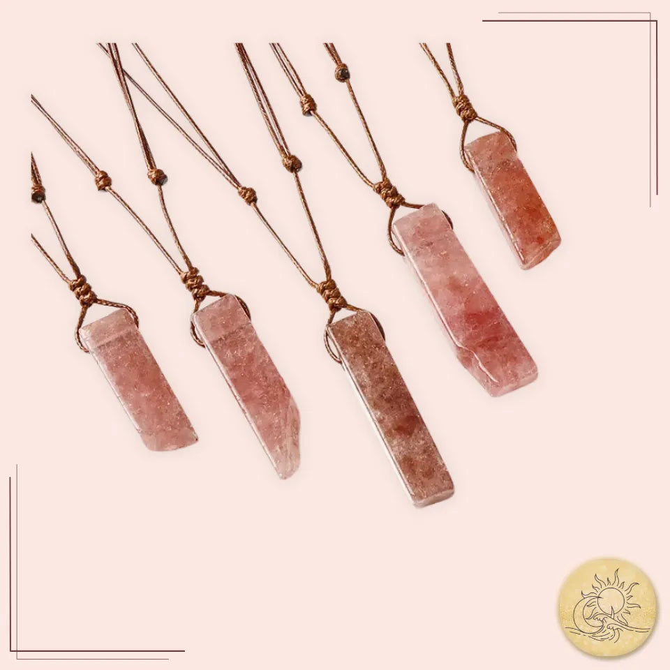 Collier cordon en pierre naturelle de Quartz Fraise, pendentif rectangulaire poli rose, bijou d’amour et d’énergie positive Aura Cristal.