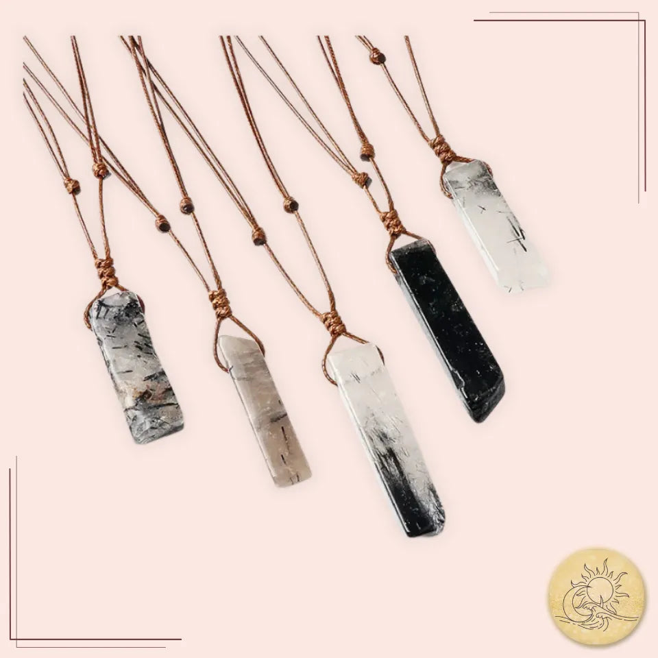 Collier cordon en pierre naturelle de Quartz Tourmaline, pendentif rectangulaire poli blanc et noir, bijou de protection et d’équilibre Aura Cristal.