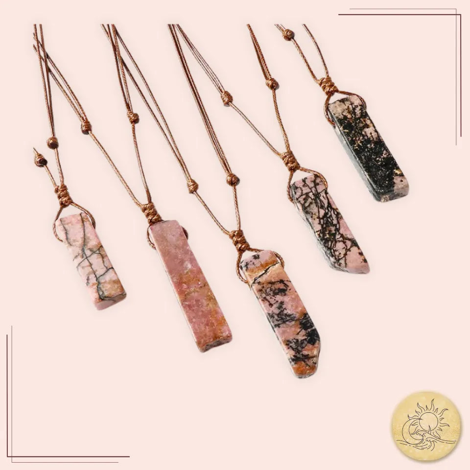 Collier cordon en pierre naturelle de Rhodonite, pendentif rectangulaire poli rose et noir, bijou de guérison émotionnelle et de compassion Aura Cristal.