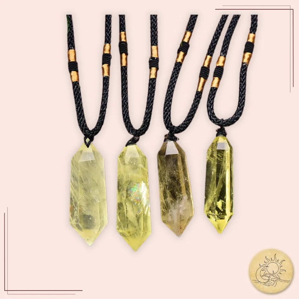 Ensemble de colliers en pierre naturelle de Citrine, pendentifs taillés et polis dorés sur cordon noir, symboles d’énergie positive et de prospérité Aura Cristal.