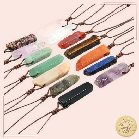 Collection de colliers pendentifs rectangulaires en pierres naturelles – bijou spirituel et énergétique – Aura Cristal