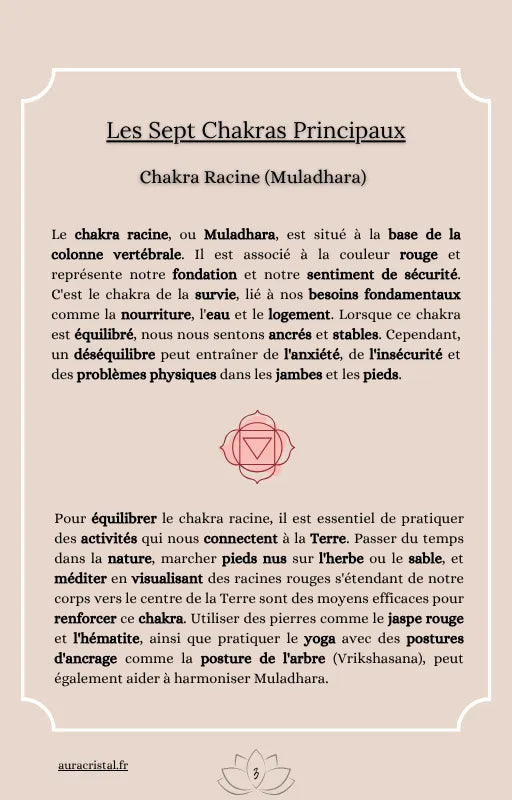 Page du Guide des Chakras dédiée au Chakra Racine (Muladhara), expliquant son rôle dans l’ancrage, la stabilité et la sécurité intérieure, e-book Aura Cristal.